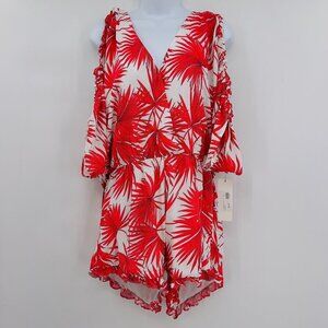 Anthropologie Bishop + Young Women's Palm Tree Red And White Romper L NWT